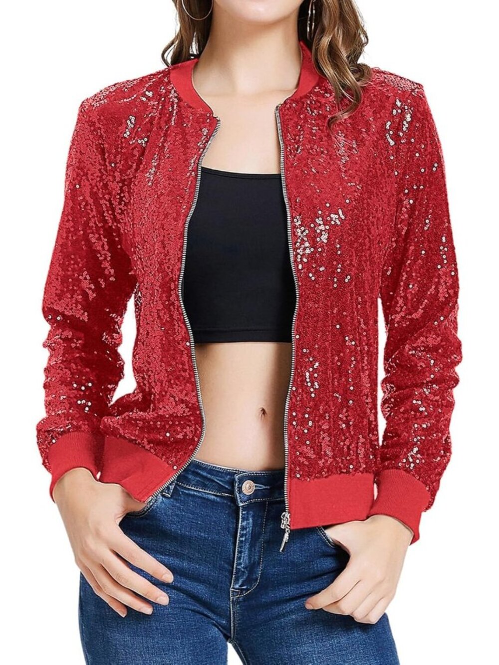 〽️Women Bright Red Sequin Bomber Jacket Long Sleeve Zip Up Party Sparkle Blazer